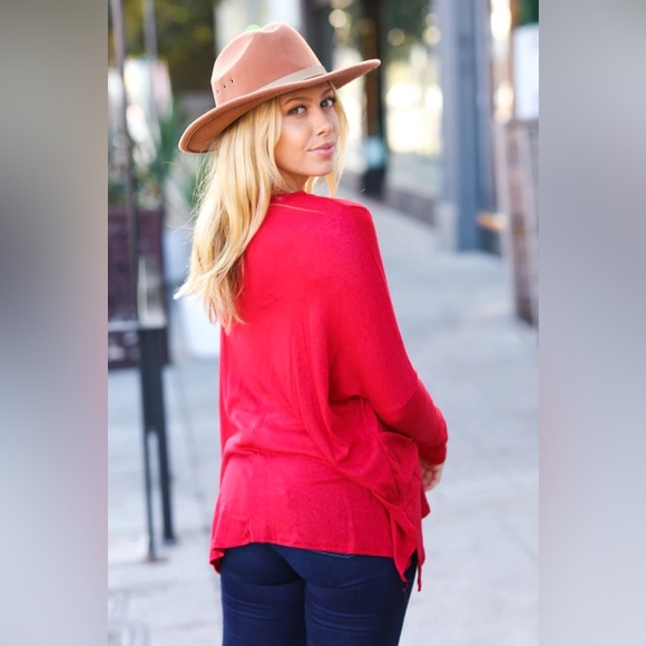 Going My Way Red Hacci Dolman Pocketed Sweater Top - Picture 2 of 6